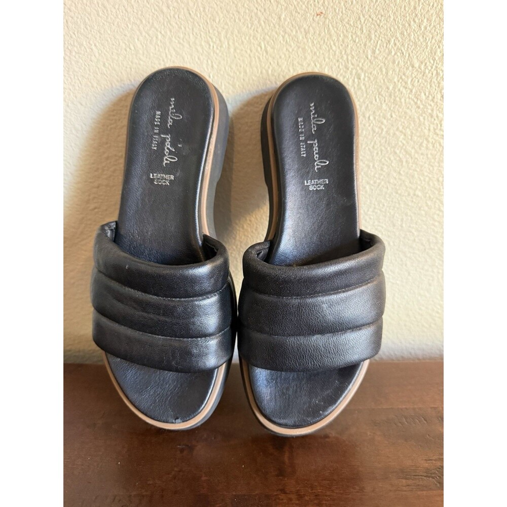 MILA PAOLI Women’s Open Toe Slip On Black Sandal Leather Sock Size 9
